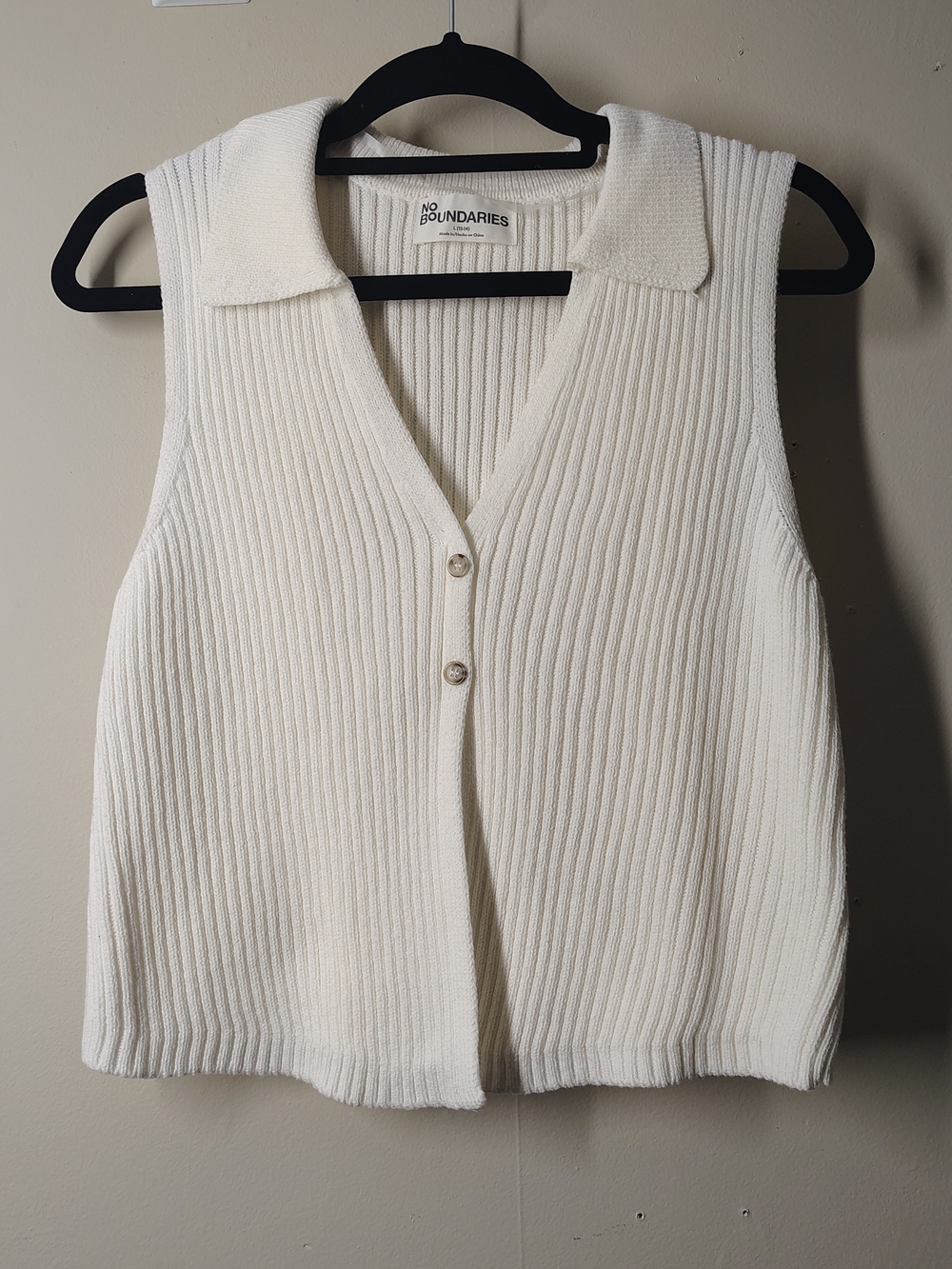 No Boundaries Cream Ribbed Collared V-Neck Button Vest